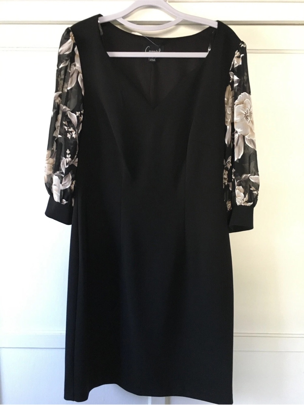 Connected Apparel Elegant Black Long-Sleeve Dress with Floral Sheer Sleeves